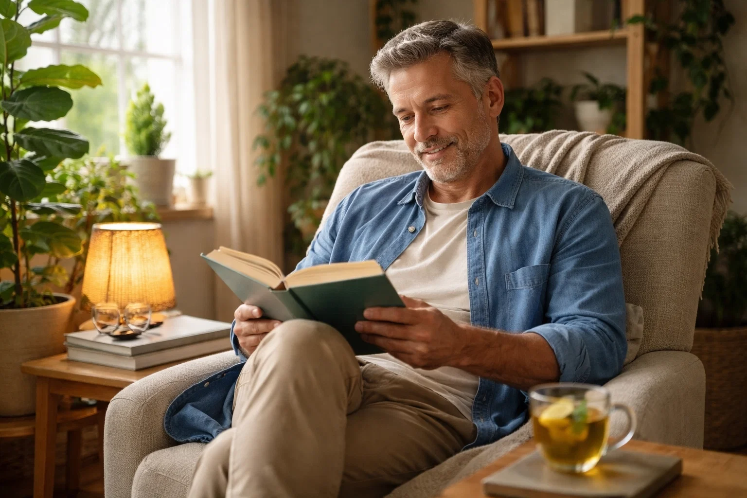 Person beim Blutdruckmessen zu Hause, ruhiges Morgenlicht, modernes Interieur